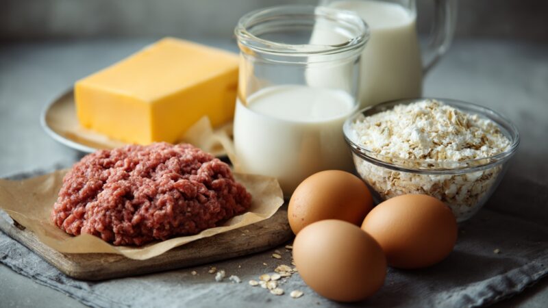 Ground beef, eggs, milk, and cheese on a table as animal-based protein foods