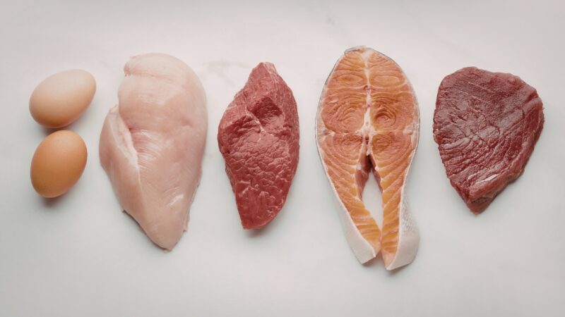 Eggs, chicken, beef, and salmon laid out as animal protein sources