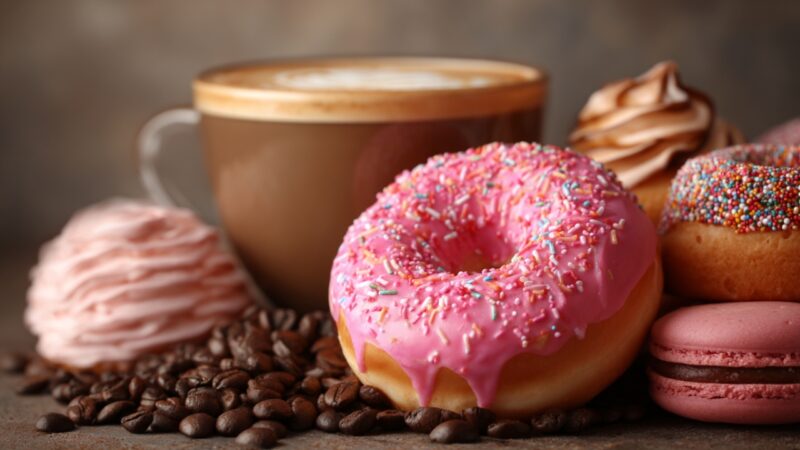 Coffee with donuts and sweets on a table