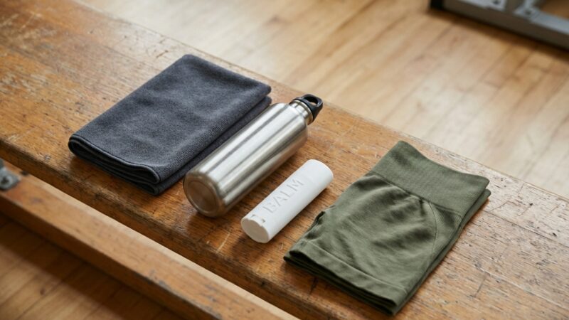 Gym essentials on a wooden bench, neatly arranged