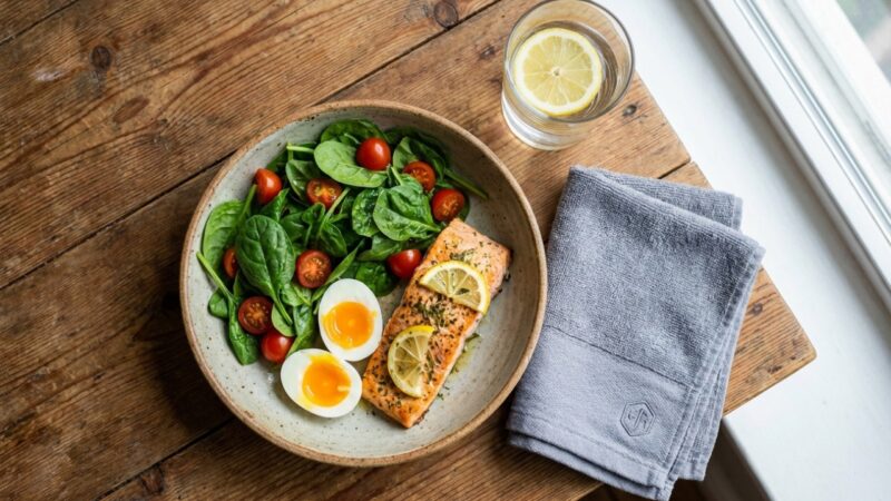 Plate with salmon, eggs, spinach, and tomatoes next to a glass of water with lemon