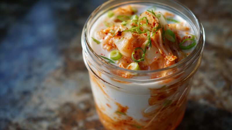 Jar of yogurt topped with kimchi and green onions
