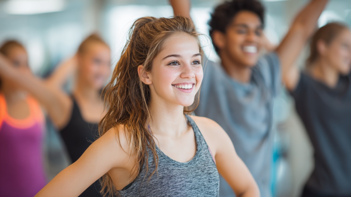 Smiling teenagers participating in a group fitness class with raised arms