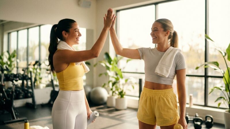 Two women high-five in a sunlit gym