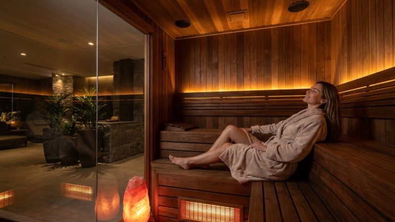 Woman relaxes in a warm sauna to ease muscle tension