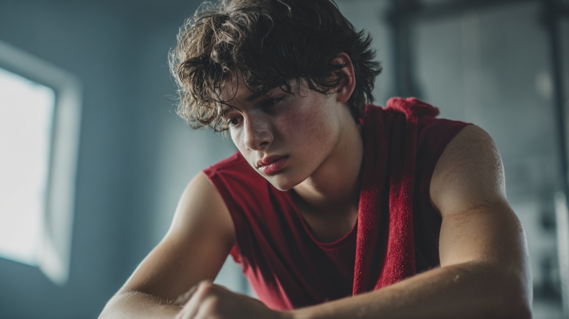 Teen boy resting after a workout with a towel around his neck in a gym