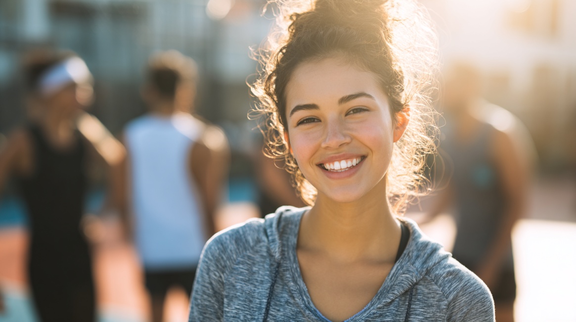 Smiling teenage girl outdoors with a group in the background after a workout
