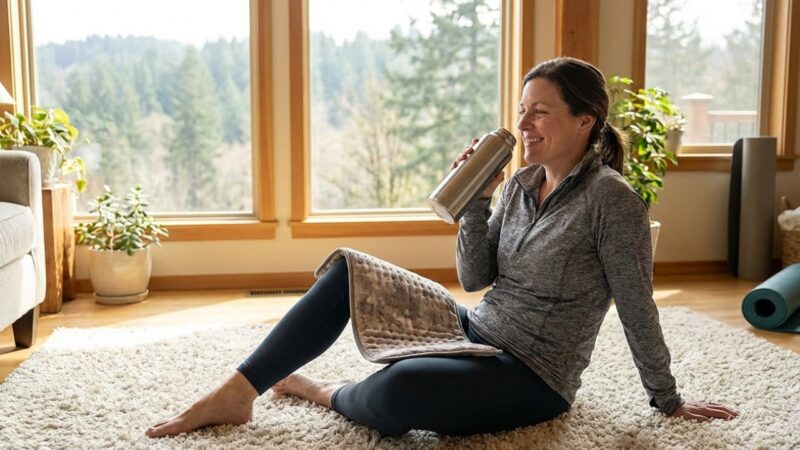 Woman relaxing on rug with drink, enjoying view