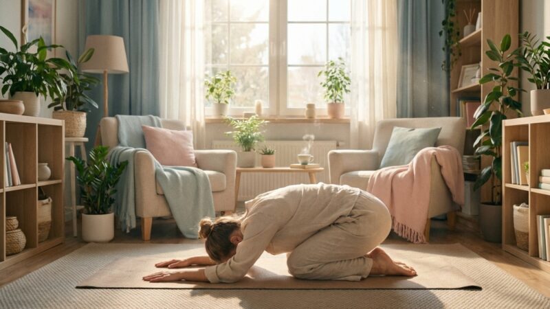 Person practicing yoga in a cozy, plant-filled room