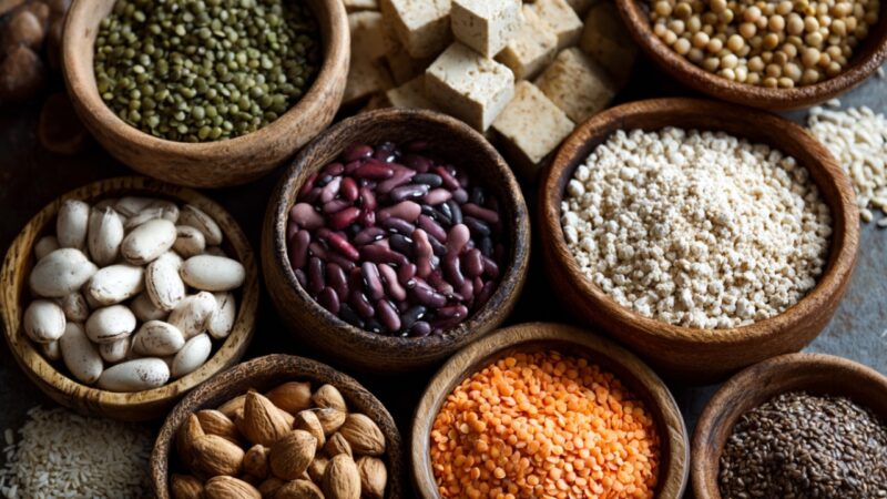 Bowls of beans, lentils, tofu, and grains as plant-based protein sources