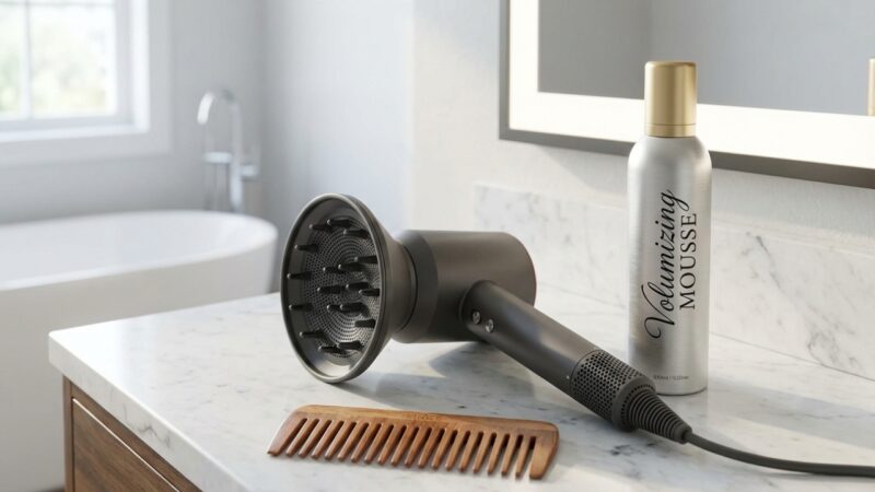 Hair dryer with diffuser, wooden comb, and volumizing mousse on a bathroom counter