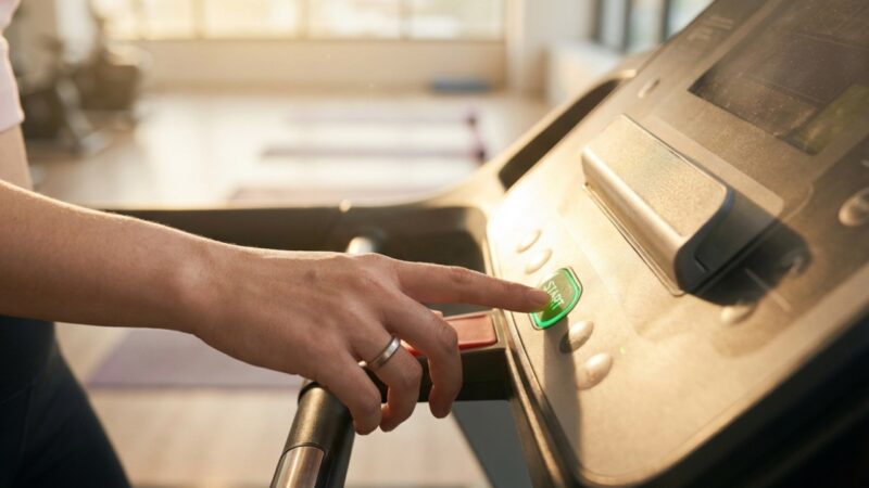 Hand presses the start button on a treadmill
