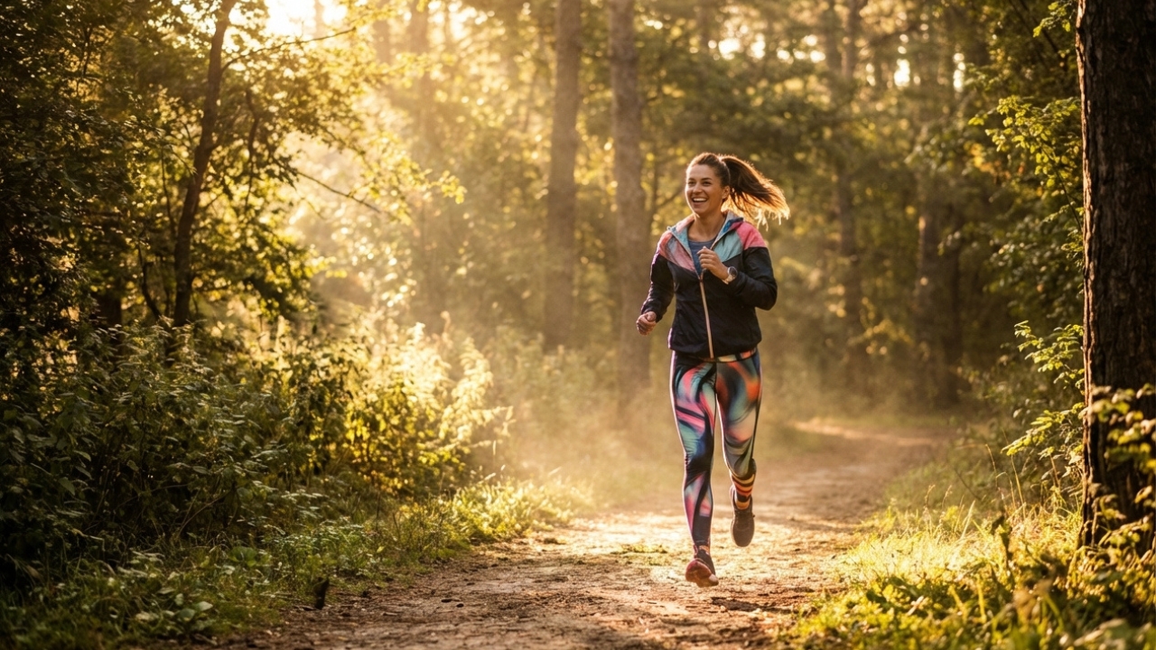 Active women jogging on a forest trail during a workout in comfortable athletic wear