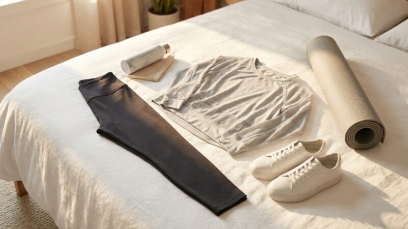 Workout clothing and accessories laid on bed neatly
