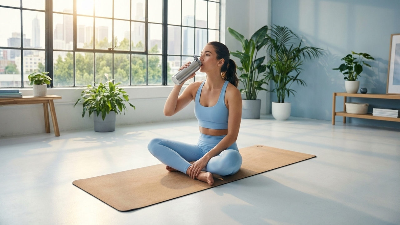 Woman in activewear drinks water on a yoga mat after a workout in a bright room