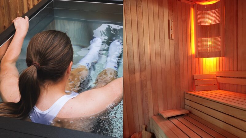 Woman using a cold plunge beside an infrared sauna for recovery