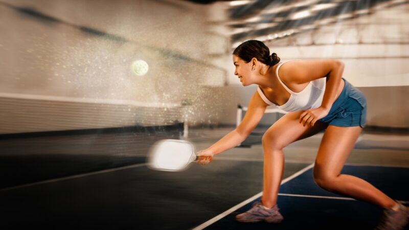 Pickleball player reaches low for a shot during an indoor match