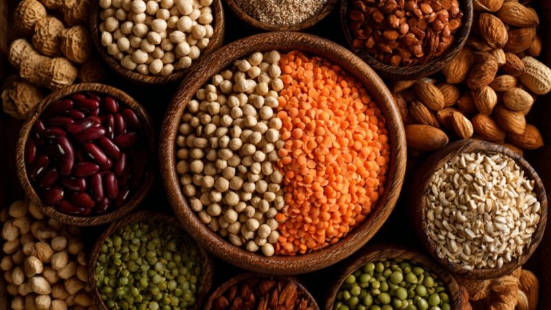 Bowls of beans, lentils, peanuts, grains, and nuts often avoided on a strict paleo diet