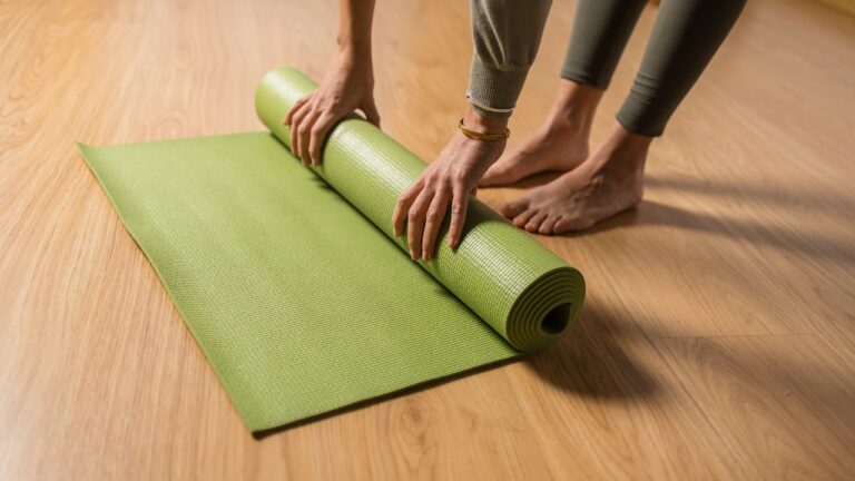 A person unrolls a green yoga mat on a wooden floor