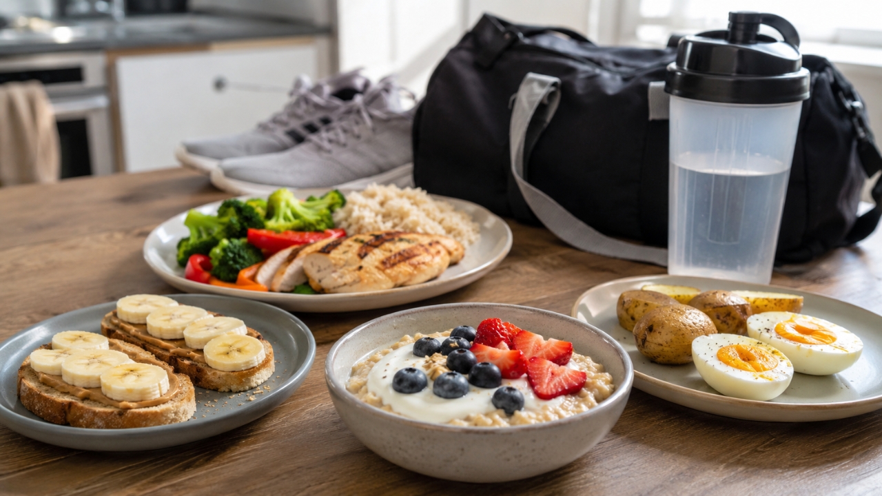 Pre-workout meals with oats, fruit, chicken, rice, eggs, and toast beside gym gear