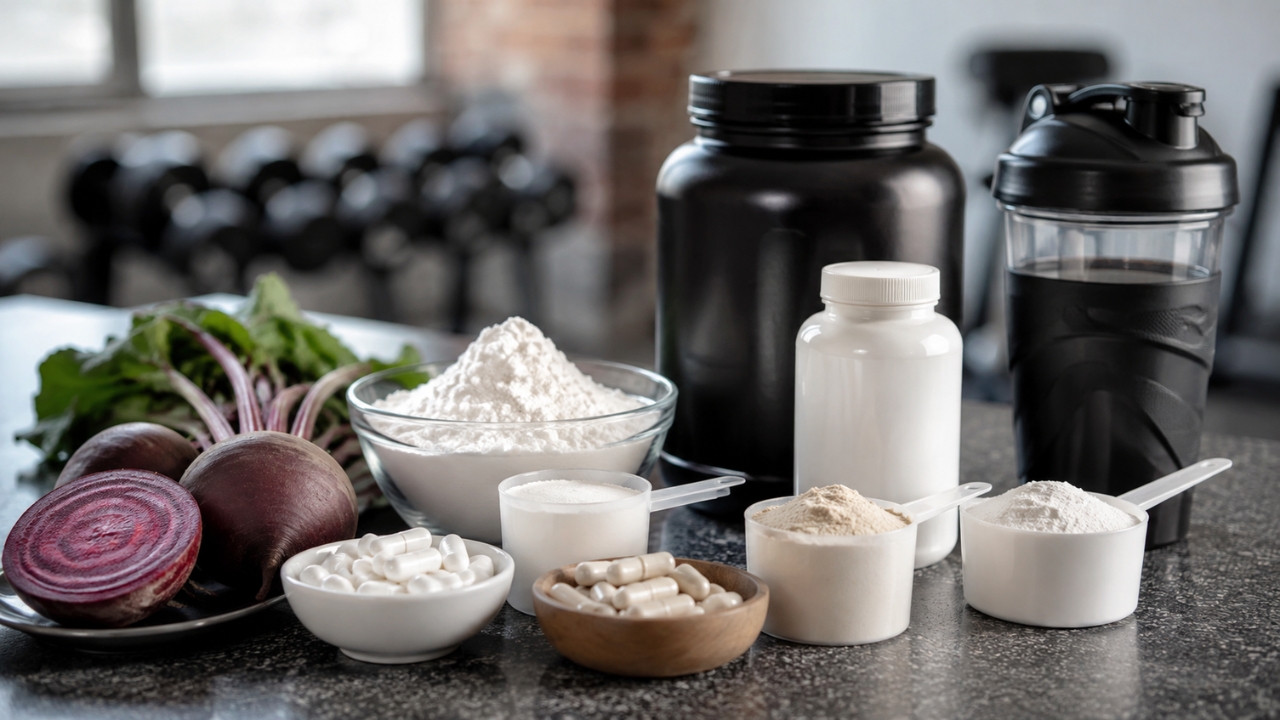 Caffeine-free supplements with beetroot, powders, capsules, and a shaker bottle beside gym equipment