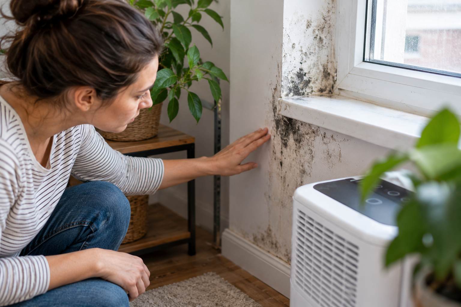 Woman inspecting mold around a window inside a home.
