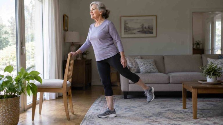 Older woman practicing a gentle standing leg exercise while holding a chair for support at home.