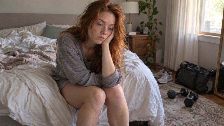 Tired red-haired woman sitting on the edge of her bed beside workout equipment.