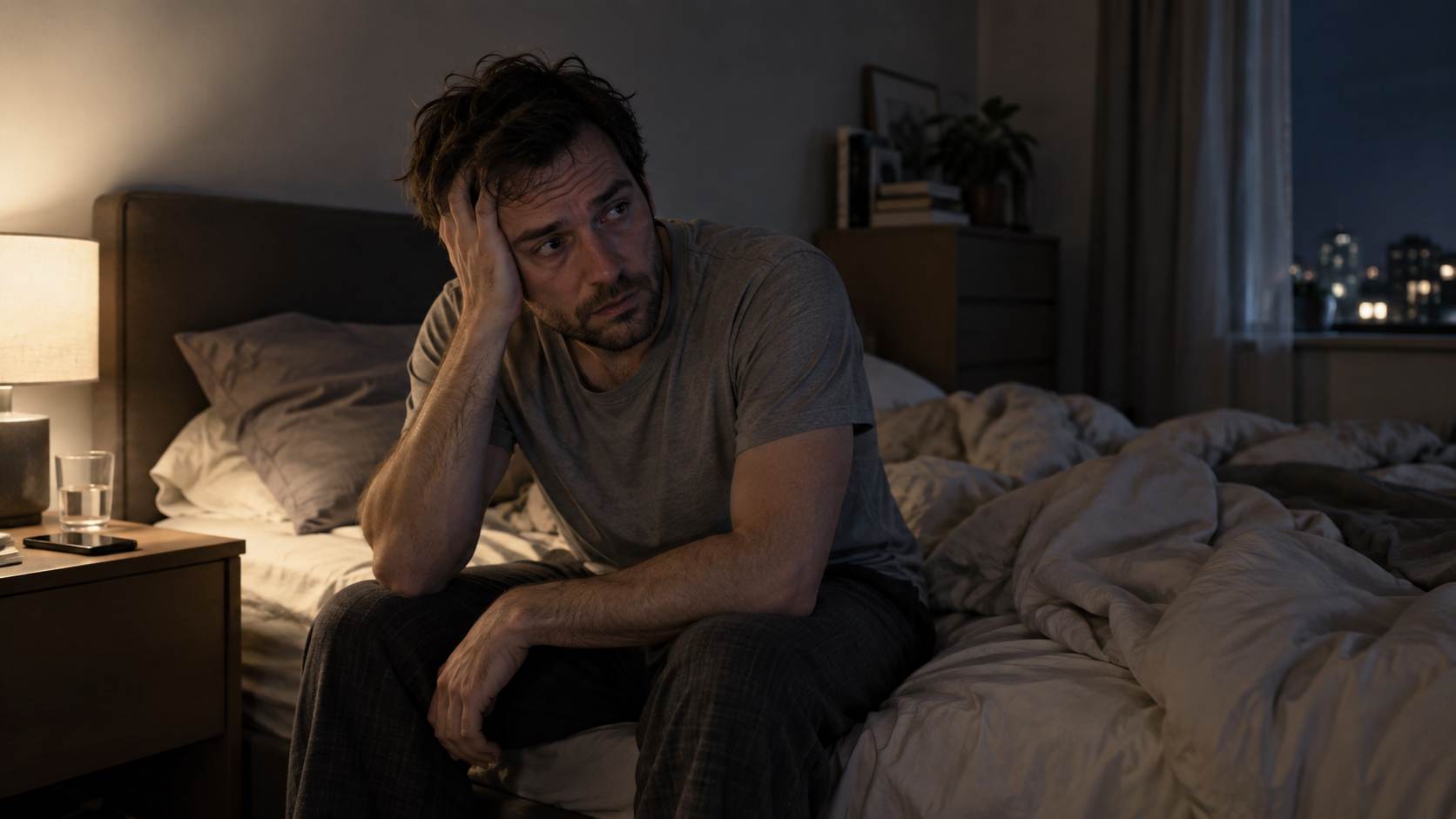 Tired man sitting on the edge of his bed at night.