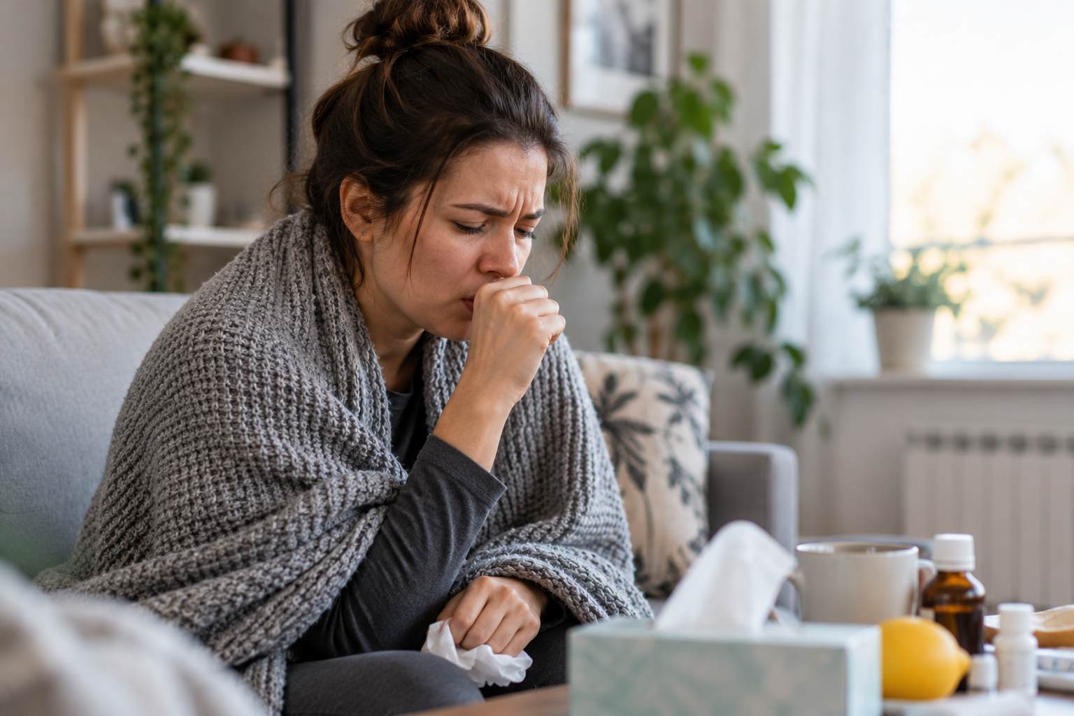 Woman coughing into her hand while resting on a sofa at home with cold symptoms.