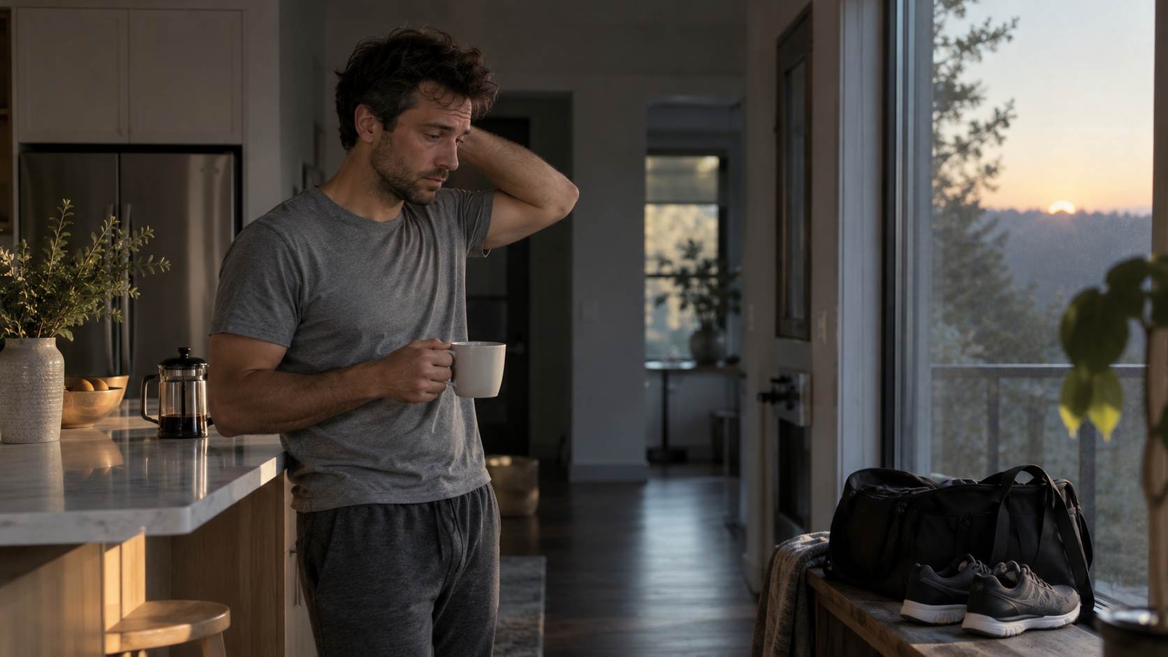 Tired man standing in a kitchen beside his workout bag and shoes.
