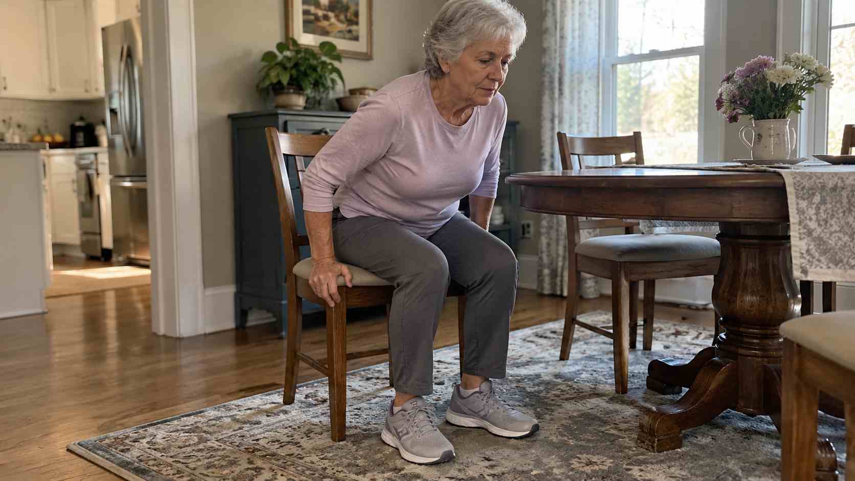 Older woman slowly rising from a dining chair while using her hands for support at home.