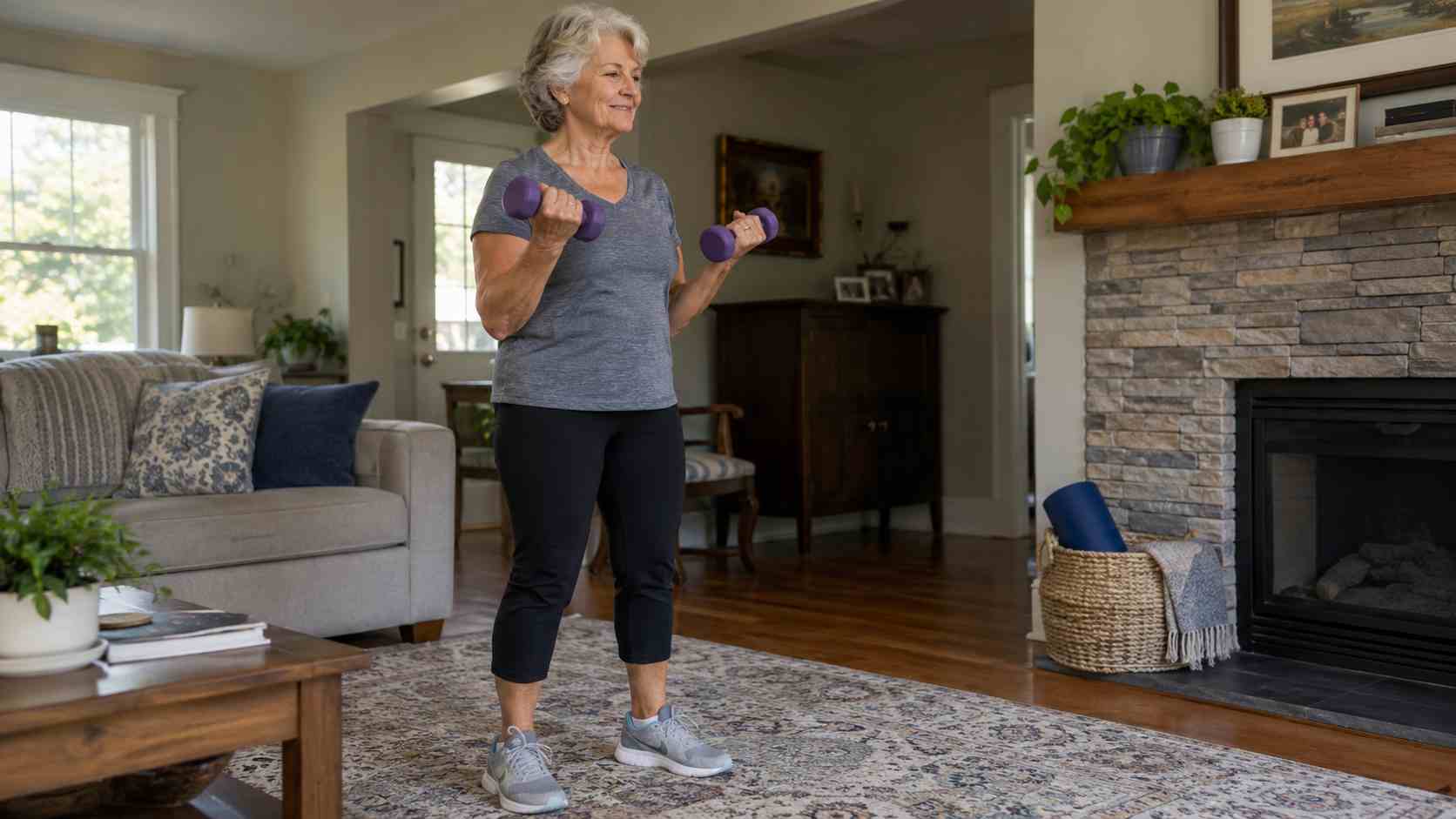 Older woman performing bicep curls with light purple dumbbells during a strength training session at home.