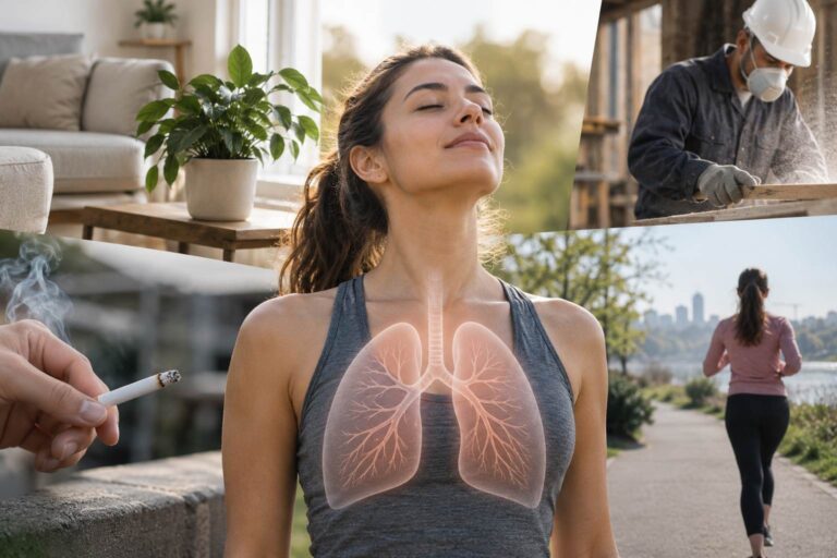 Woman breathing fresh air with illustrations of lung health risks, including smoking, workplace dust and pollution.