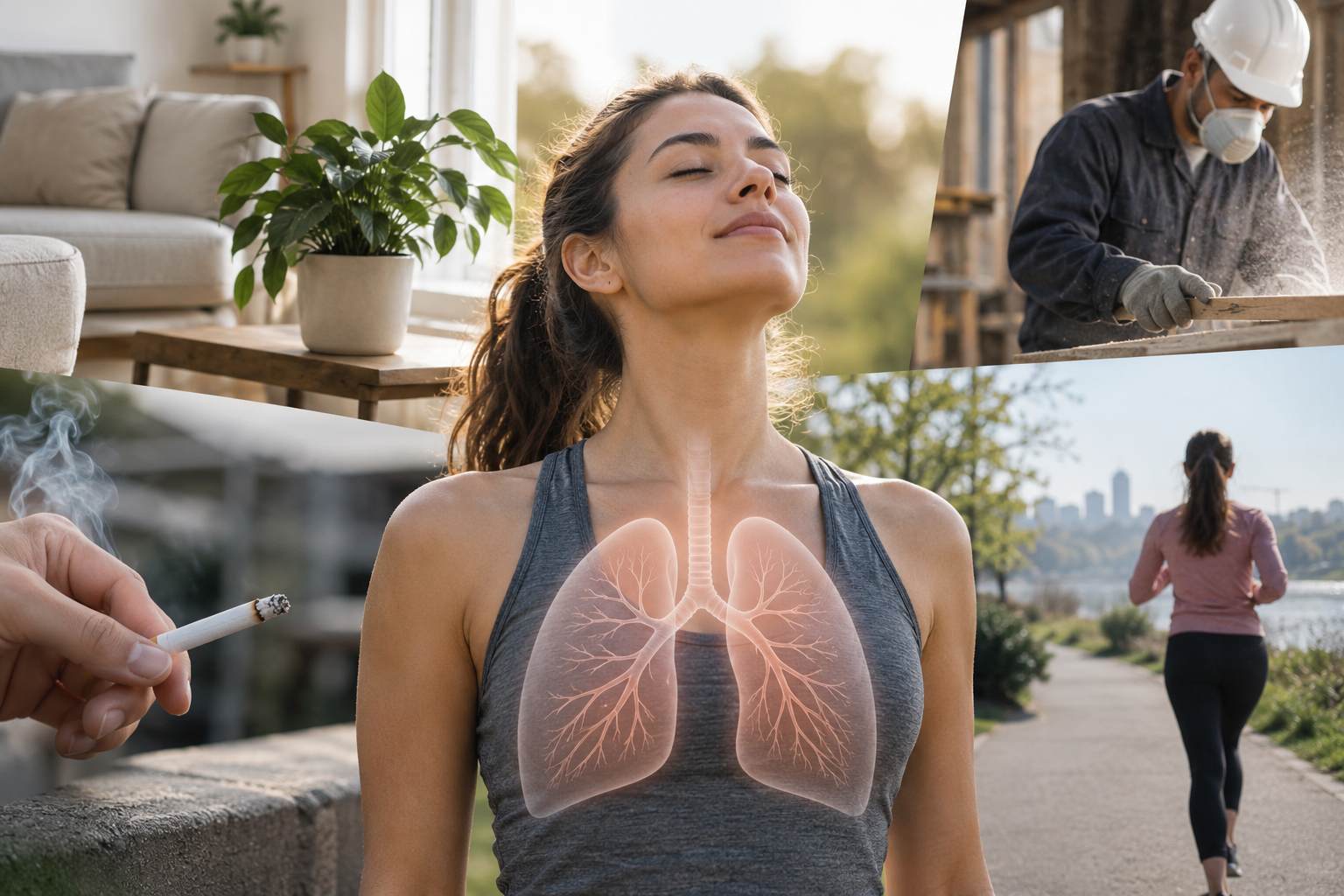Woman breathing fresh air with illustrations of lung health risks, including smoking, workplace dust and pollution.